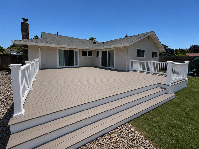 Large composite backyard deck with wide steps, white railing, and access to sliding patio doors